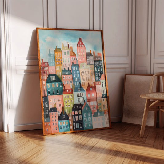Colorful City Rowhouses Watercolor Print
