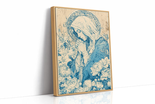 Madonna in Lilies — Cobalt Blue Devotional Engraving