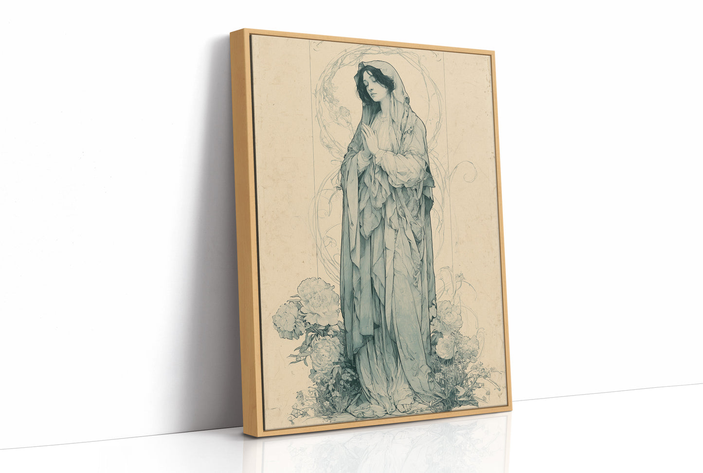 Madonna Among Peonies — Pre-Raphaelite Devotional Drawing