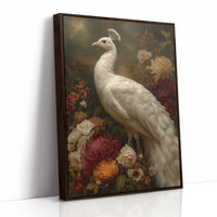 White Peacock Among Blooming Peonies