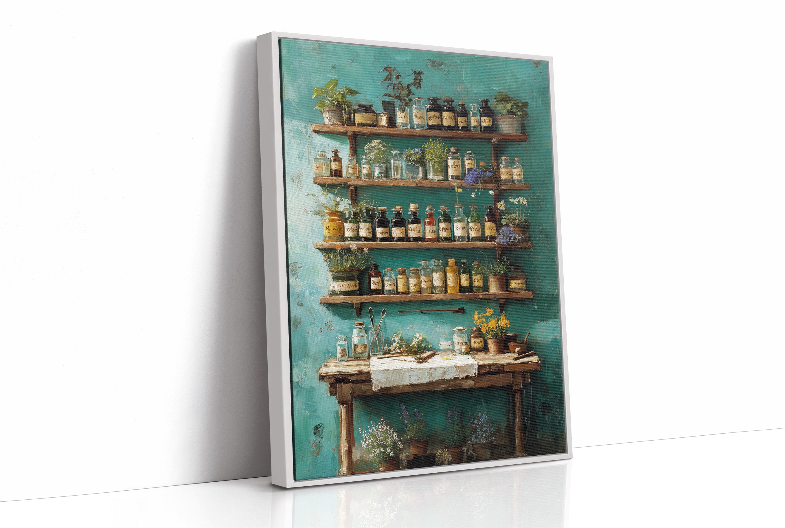 Apothecary Secrets Against Teal Walls