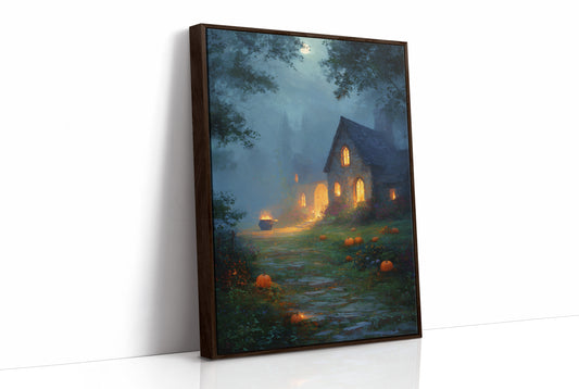 Autumn Cottage Under Midnight Fog