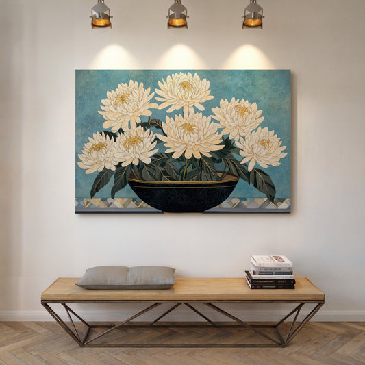 White Chrysanthemums Meet Midnight Bowl