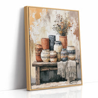 Bench of Boho Pots and Dried Blooms