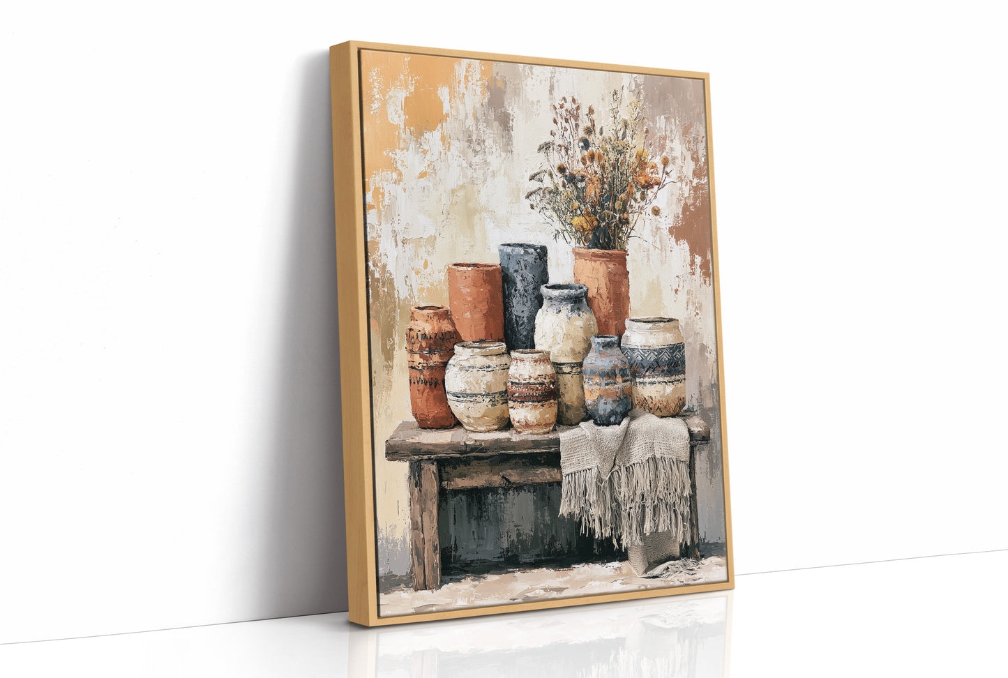 Bench of Boho Pots and Dried Blooms