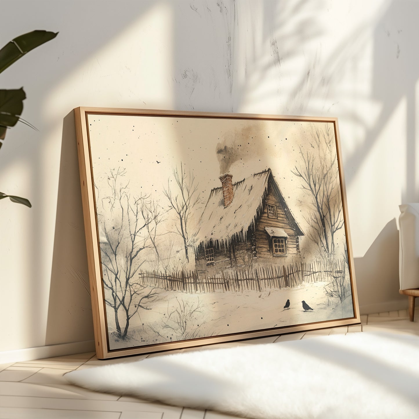 Winter Ravens Guard Frosted Cabin