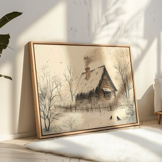 Winter Ravens Guard Frosted Cabin