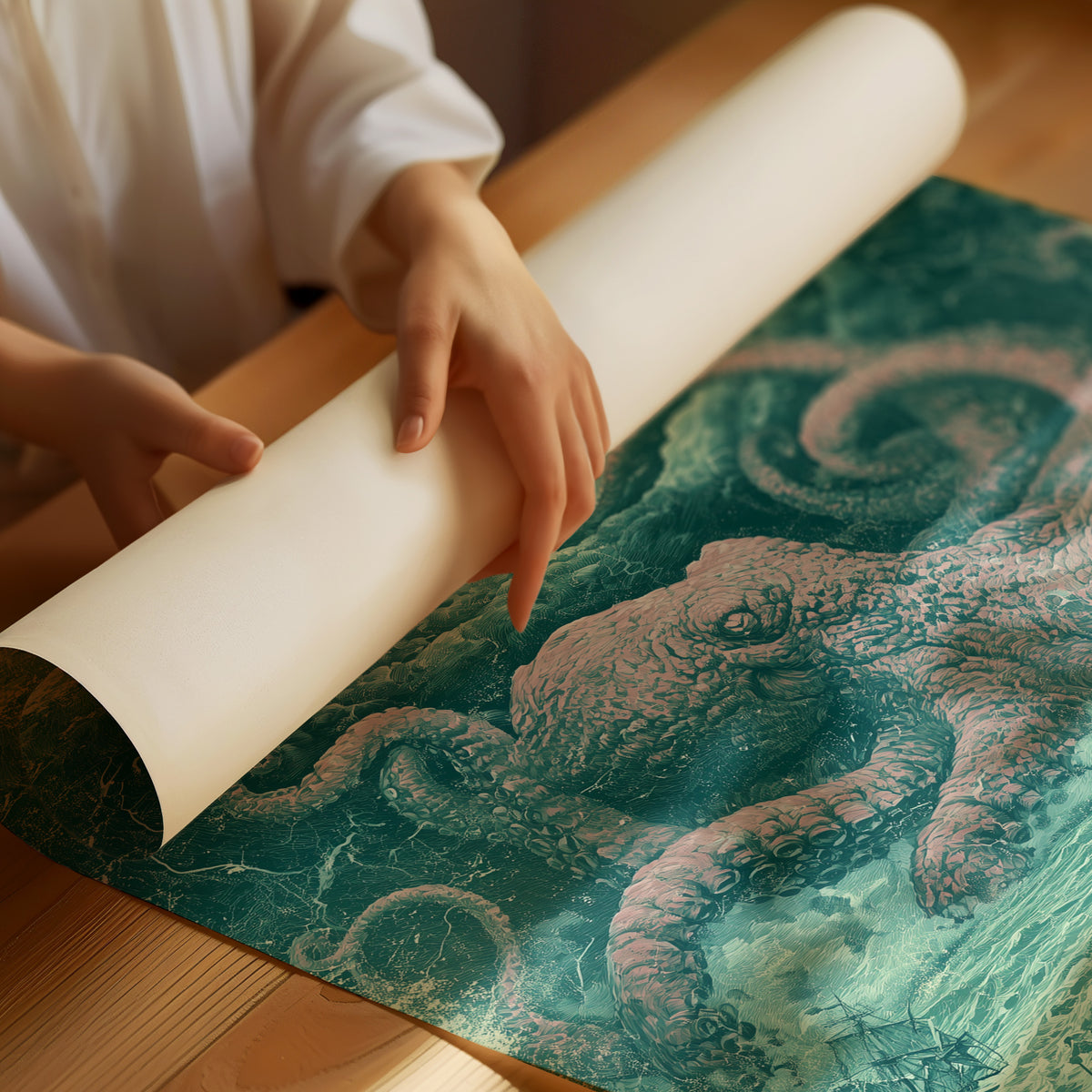 The Kraken and the Fleet — Pink and Teal Maritime Horror Print