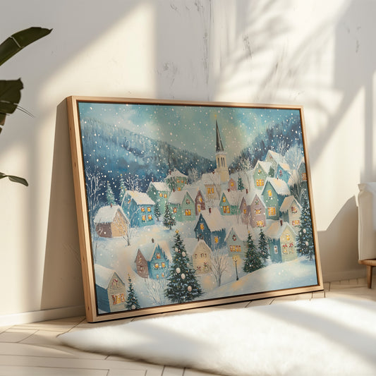 Snow Falls On Candlelit Village Windows