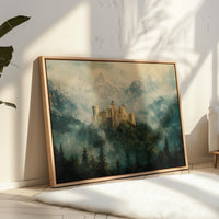 Misty Mountain Castle: Ethereal Fantasy Landscape Canvas Wall Art