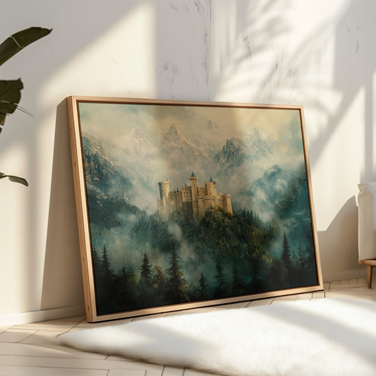 Misty Mountain Castle: Ethereal Fantasy Landscape Canvas Wall Art