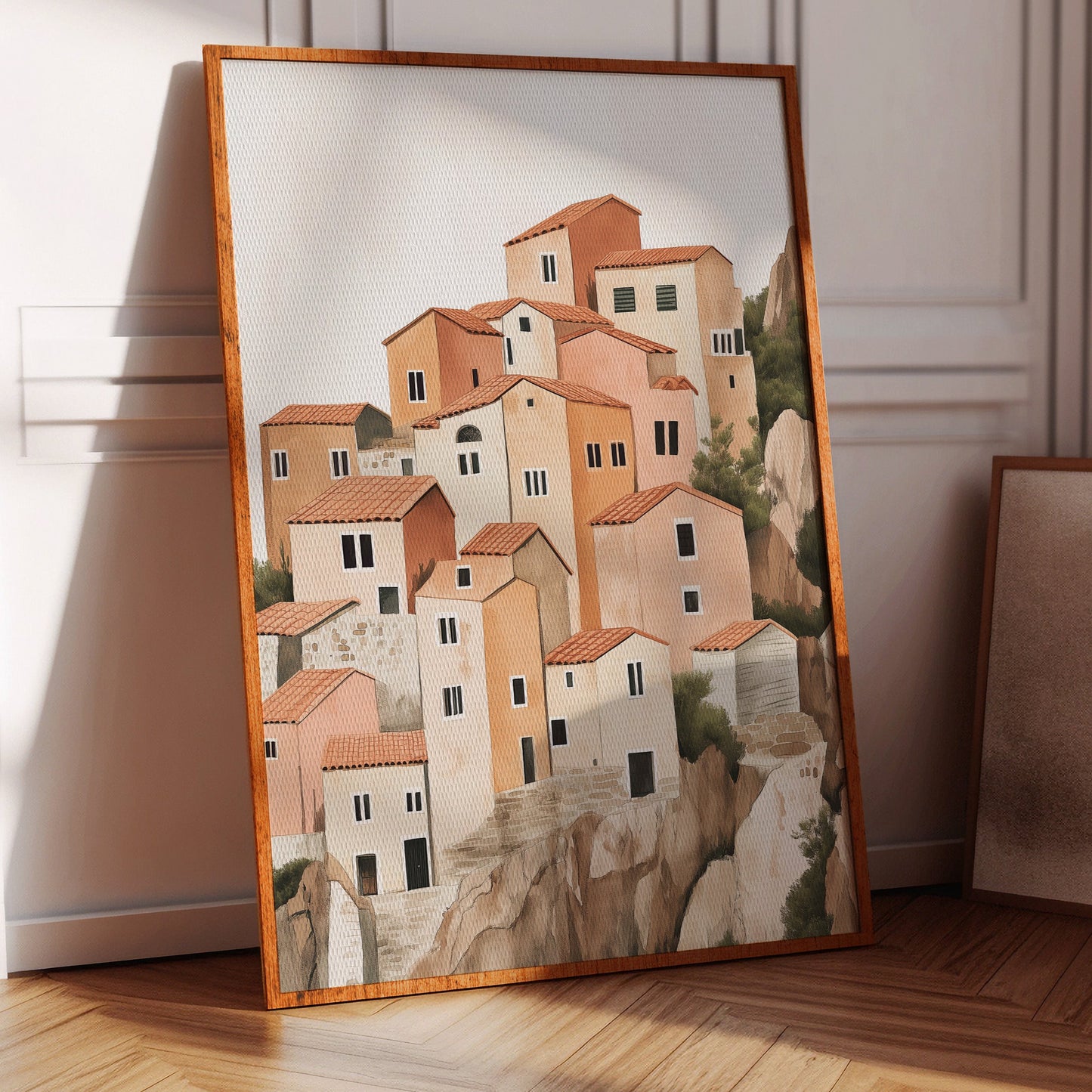 Sunlit Cliffside Village in Warm Earth Tones