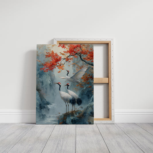 Cranes Dance Below Maple Fire