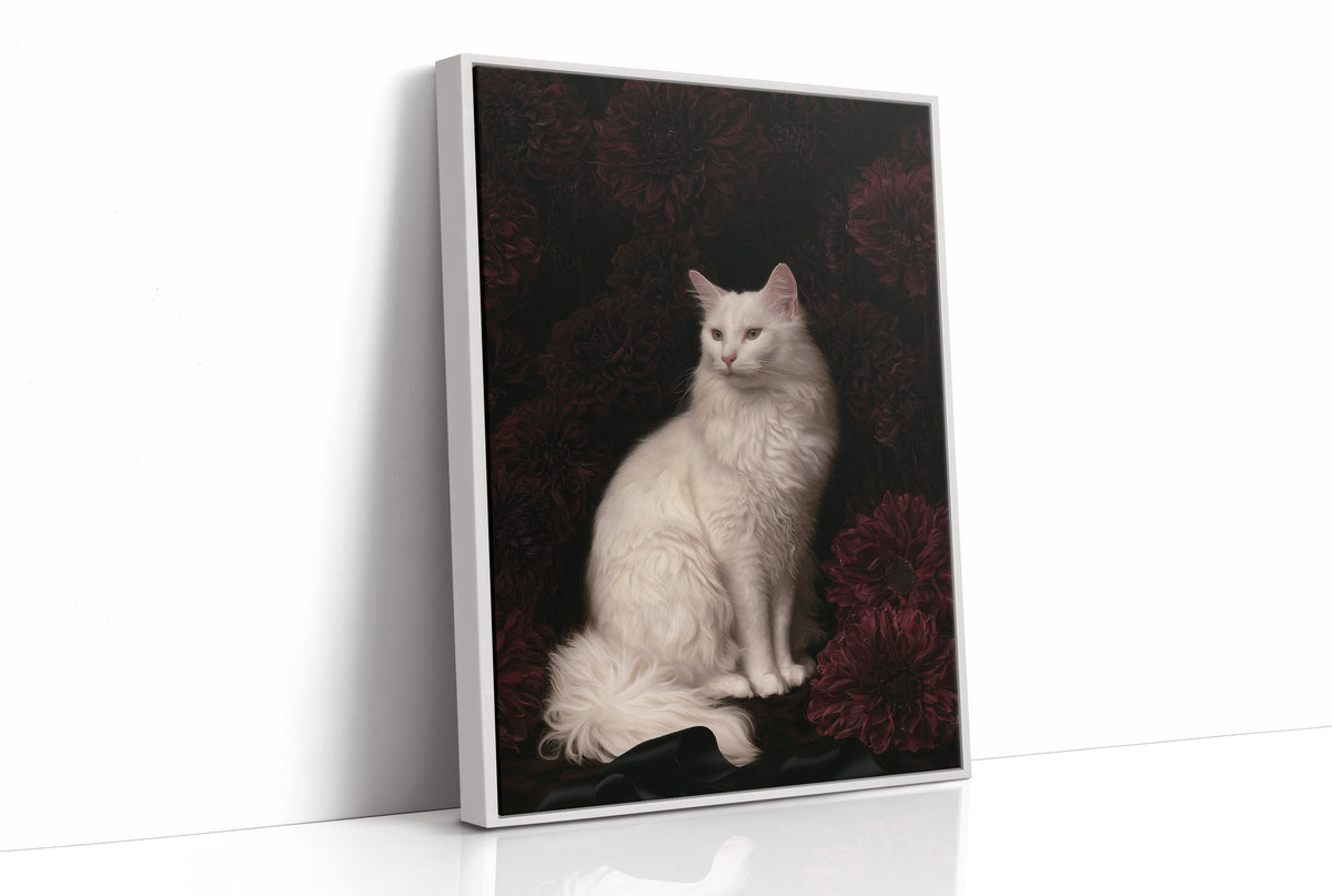 White Cat, Black Chrysanthemums