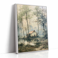 The Weathered Cottage: Misty Woodland Reflection