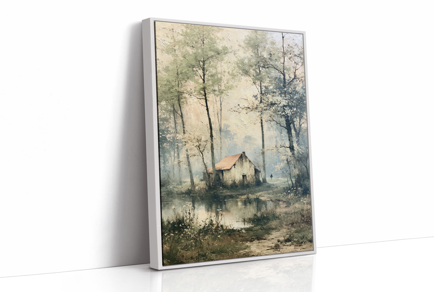 The Weathered Cottage: Misty Woodland Reflection