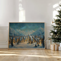 Winter Village Glows Under Mountain Stars