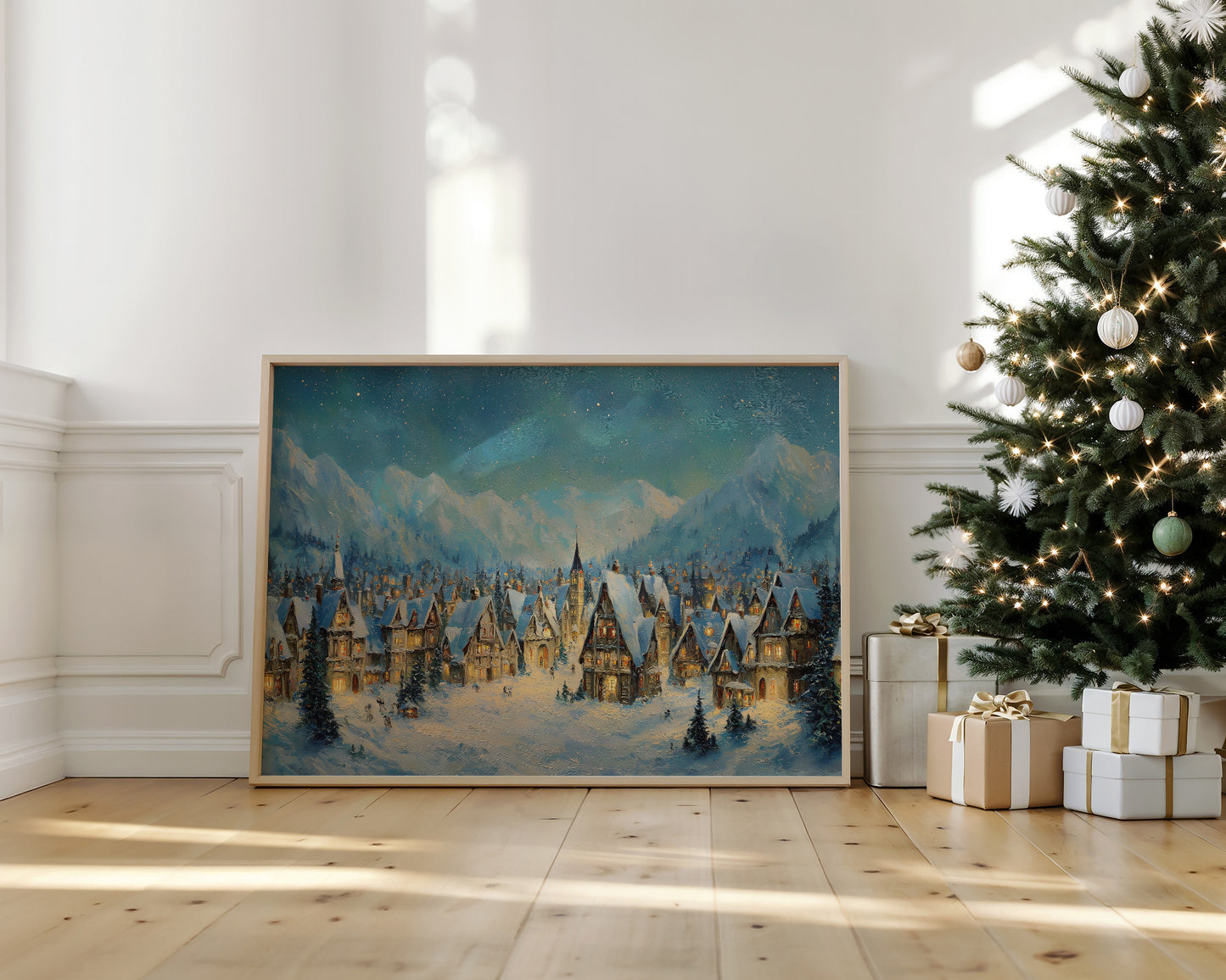 Winter Village Glows Under Mountain Stars