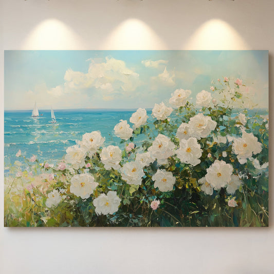 Coastal Roses Dance With Sailboats