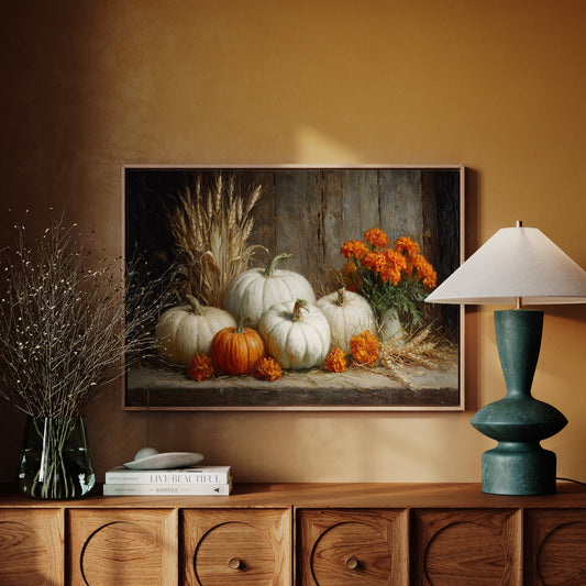 White Pumpkins Among Marigold Flames