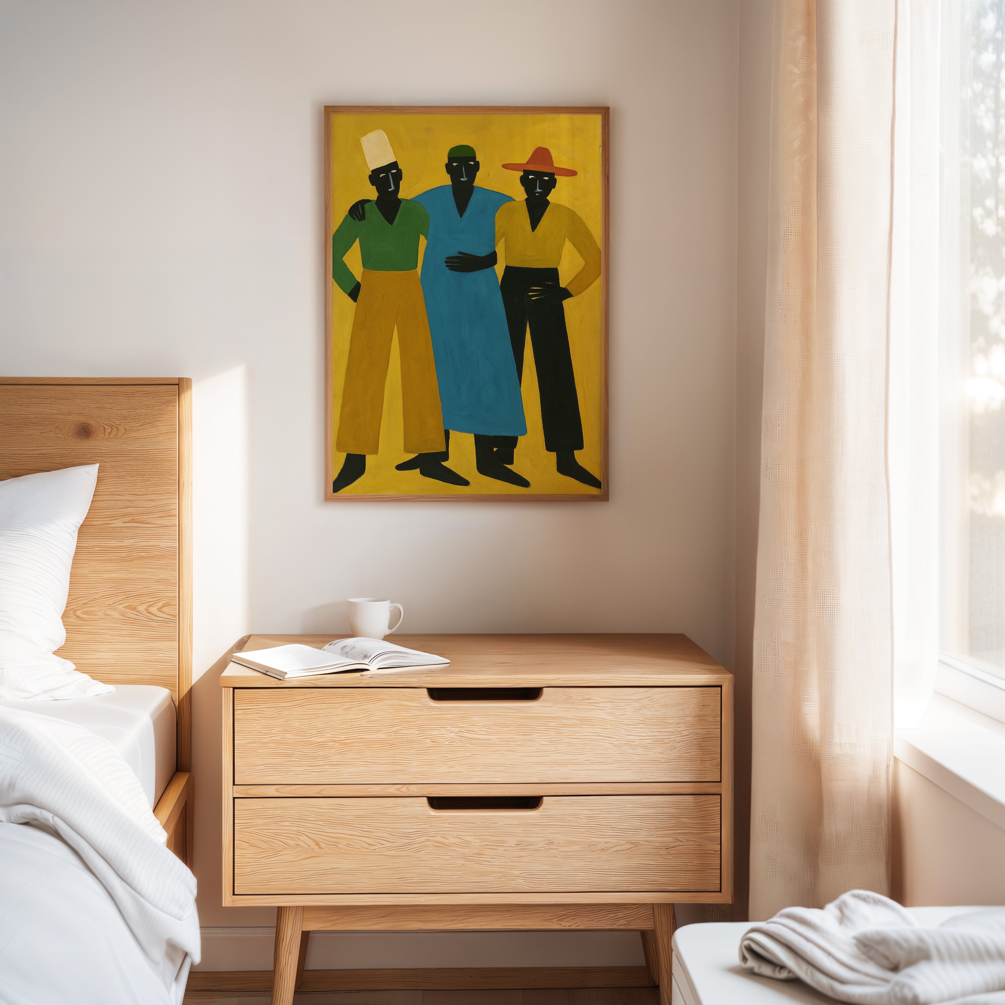 Three Figures Stand In Golden Light