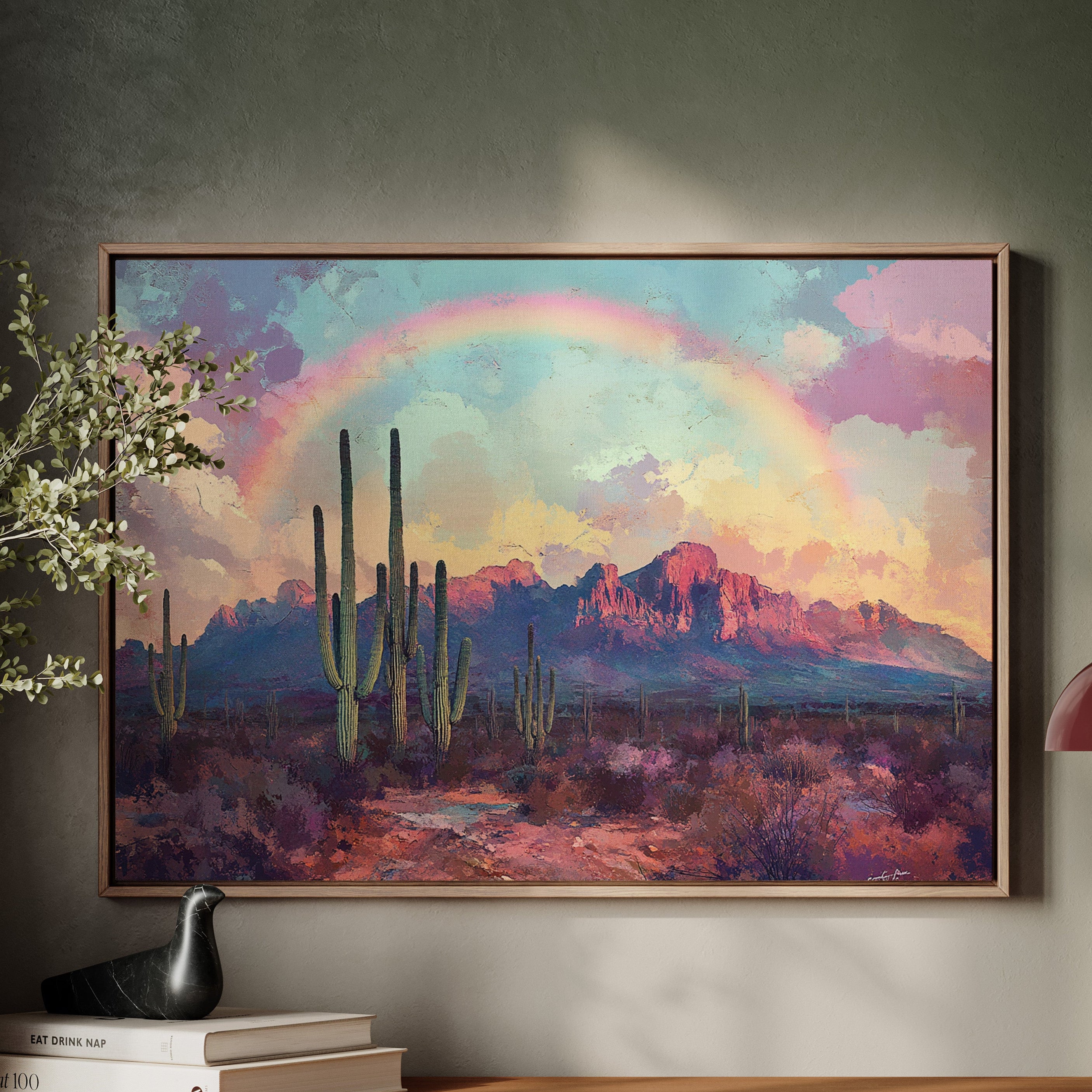 Gallery image 2 for Cactus Rainbow Desert Print – Boho Southwest Canvas Art
