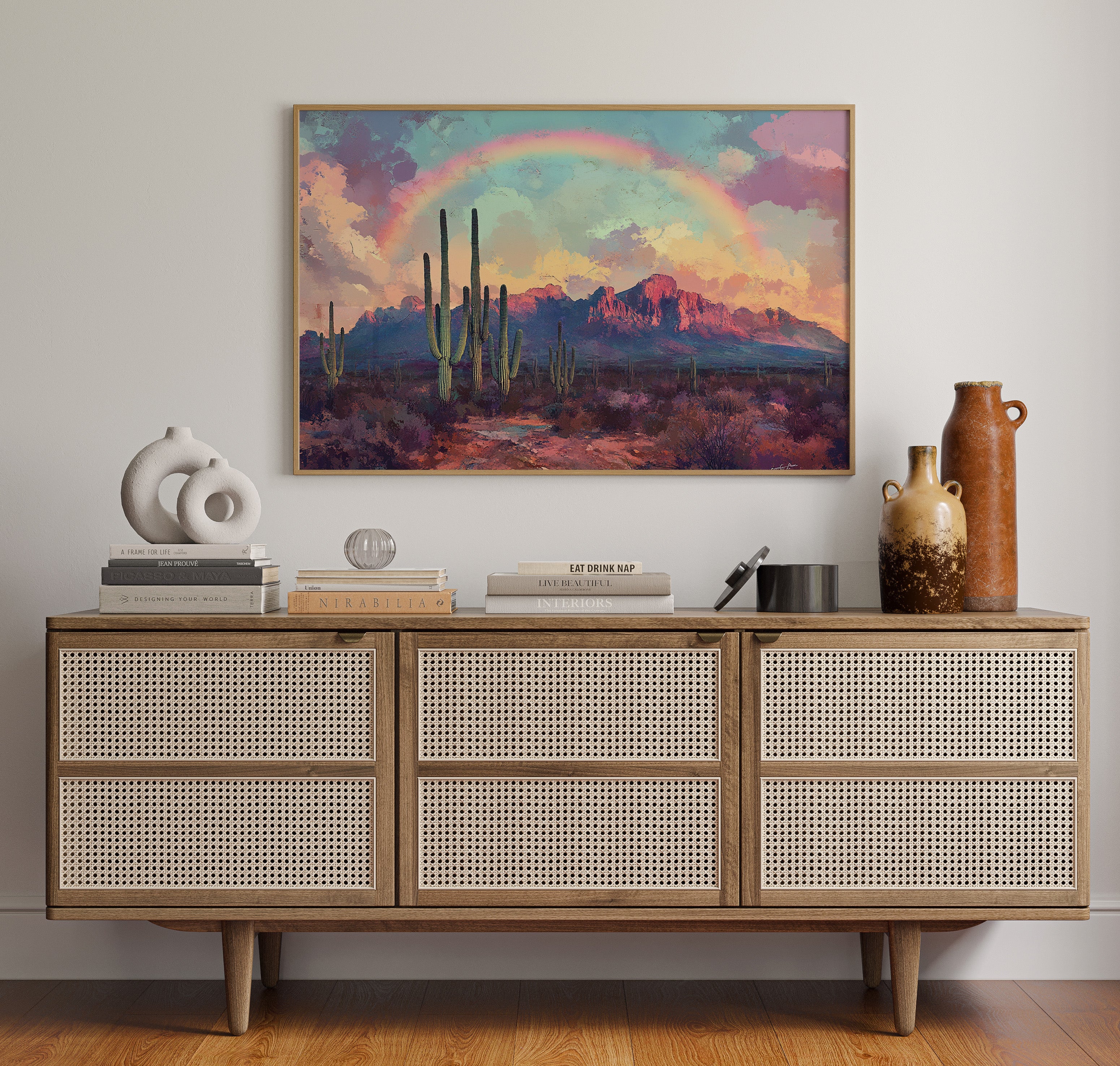 Gallery image 4 for Cactus Rainbow Desert Print – Boho Southwest Canvas Art