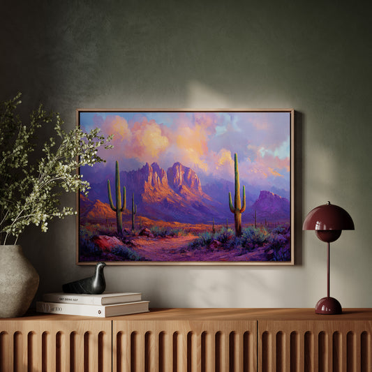 Gallery image 1 for Purple Desert Sunset Canvas – Southwest Cactus Wall Art