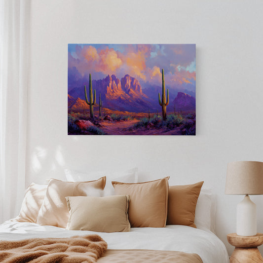 Gallery image 3 for Purple Desert Sunset Canvas – Southwest Cactus Wall Art