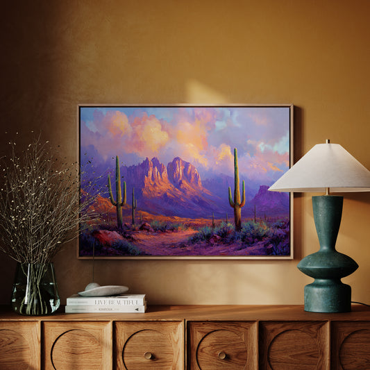 Gallery image 4 for Purple Desert Sunset Canvas – Southwest Cactus Wall Art