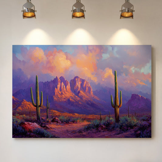 Gallery image 5 for Purple Desert Sunset Canvas – Southwest Cactus Wall Art