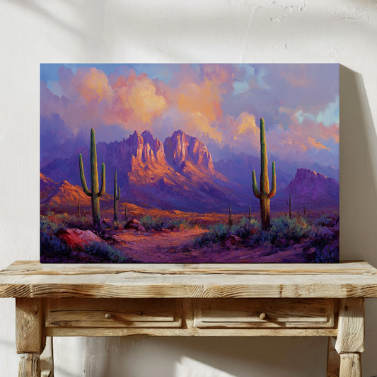 Gallery image 6 for Purple Desert Sunset Canvas – Southwest Cactus Wall Art