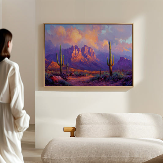 Gallery image 11 for Purple Desert Sunset Canvas – Southwest Cactus Wall Art
