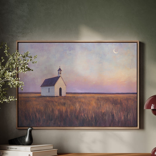 Gallery image 1 for Prairie Moon Chapel Canvas – Minimalist Country Church Wall Art