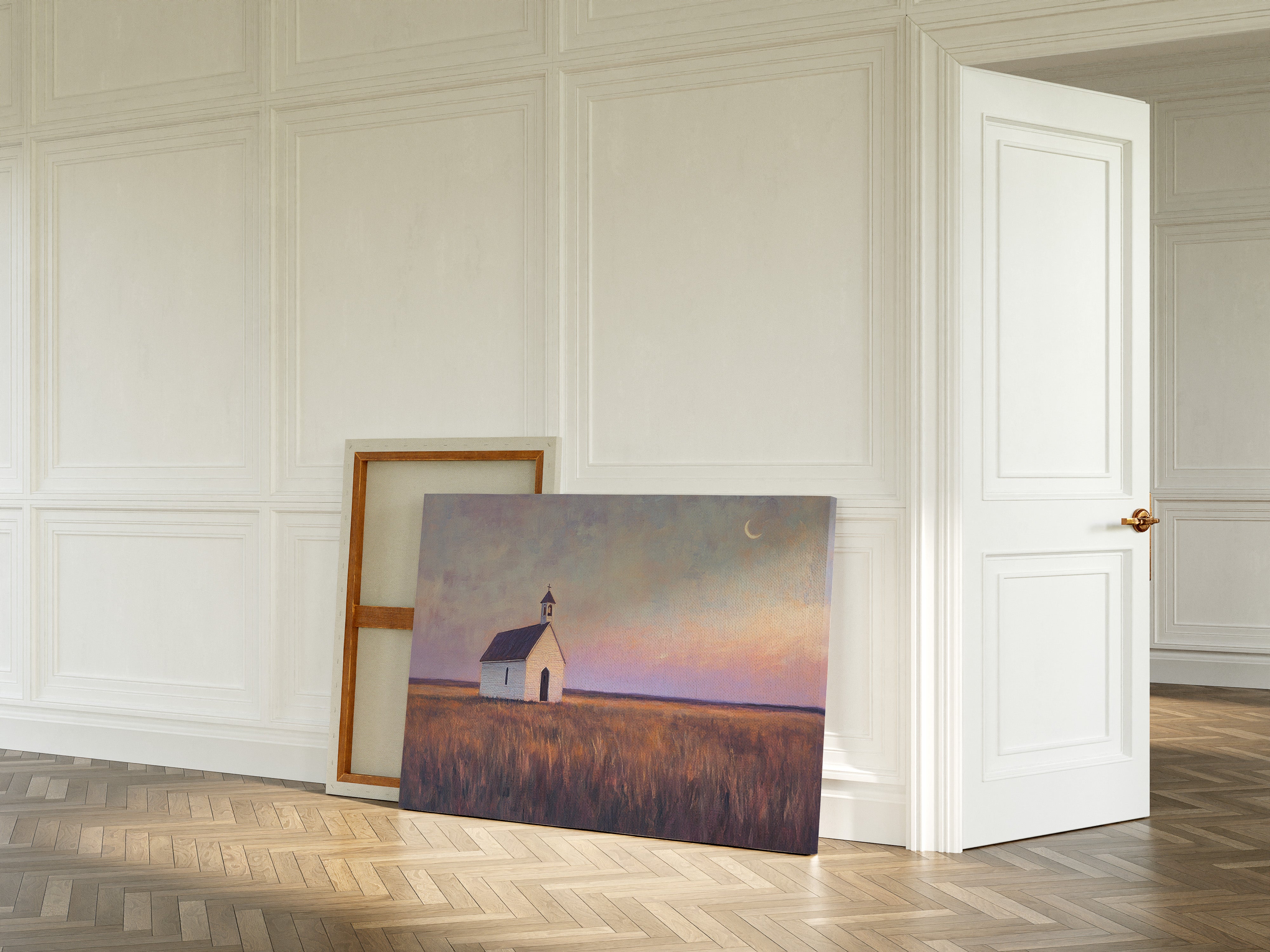 Gallery image 2 for Prairie Moon Chapel Canvas – Minimalist Country Church Wall Art