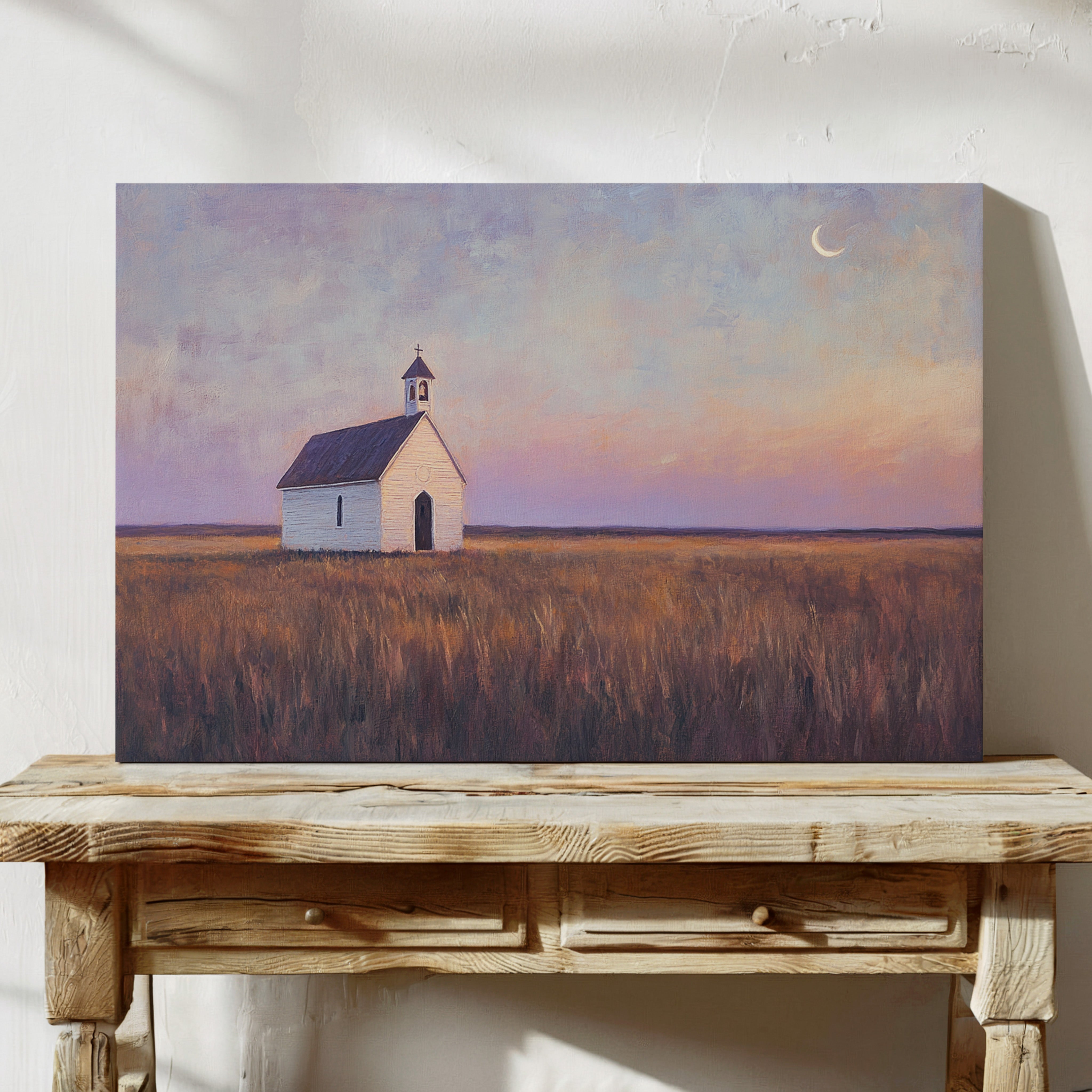 Gallery image 3 for Prairie Moon Chapel Canvas – Minimalist Country Church Wall Art