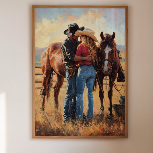 Gallery image 1 for Cowboy Romance Canvas – Western Couple Wall Art with Horses,