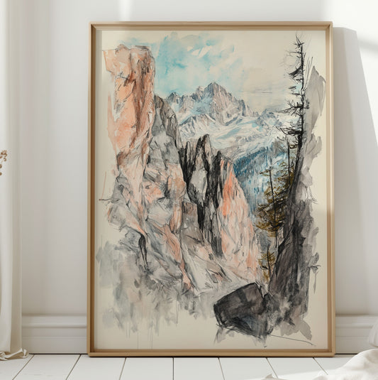 Gallery image 1 for Alpine Canyon Watercolor Print – Mountain Cliff Wall Art