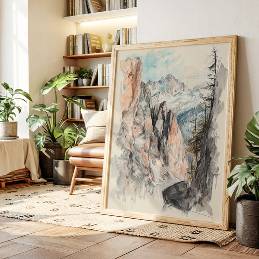 Gallery image 3 for Alpine Canyon Watercolor Print – Mountain Cliff Wall Art