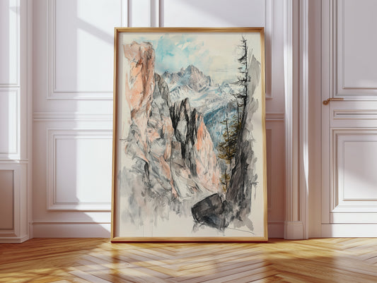 Gallery image 11 for Alpine Canyon Watercolor Print – Mountain Cliff Wall Art