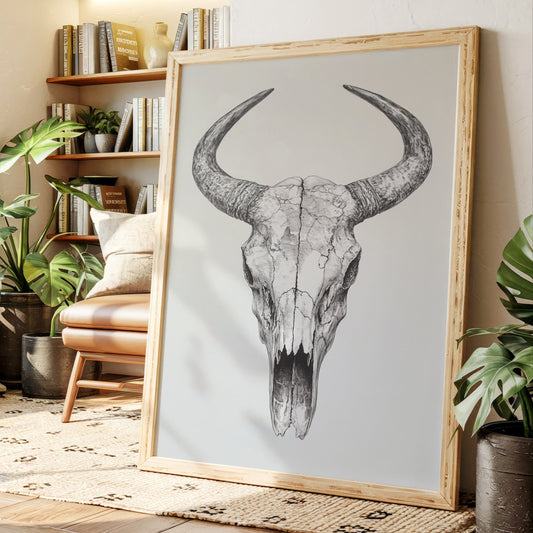 Gallery image 1 for Western Bull Skull Line Art Print – Rustic Cowboy Wall Decor