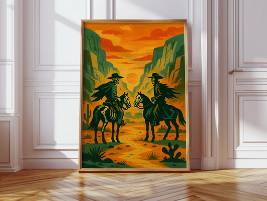 Gallery image 3 for Skeleton Riders at Sundown – Surreal Western Desert Cowboy Art Print