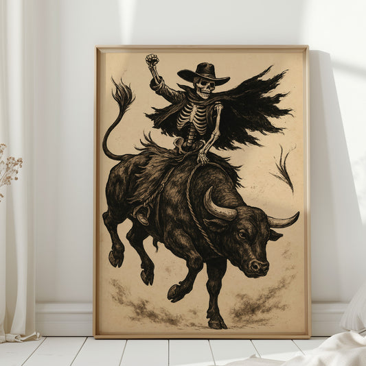 Gallery image 1 for Skeleton Bull Rider – Vintage Western Rodeo Skull Art Print