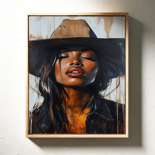 Gallery image 1 for Cowgirl Serenity – Bold Black Western Beauty Portrait Canvas