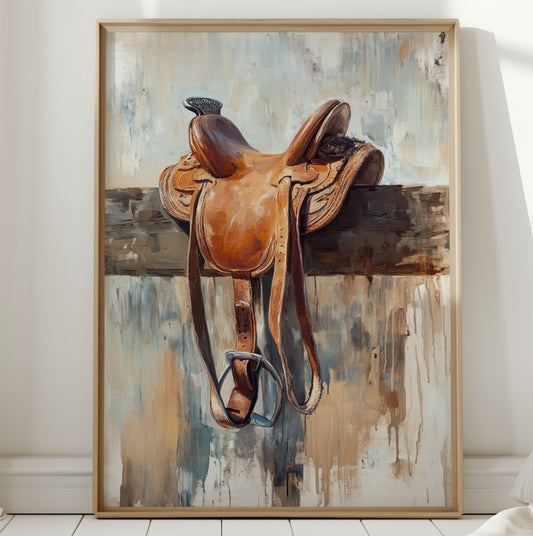 Gallery image 1 for Resting Leather – Western Saddle on Fence Painting