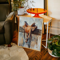 Gallery image 2 for Resting Leather – Western Saddle on Fence Painting