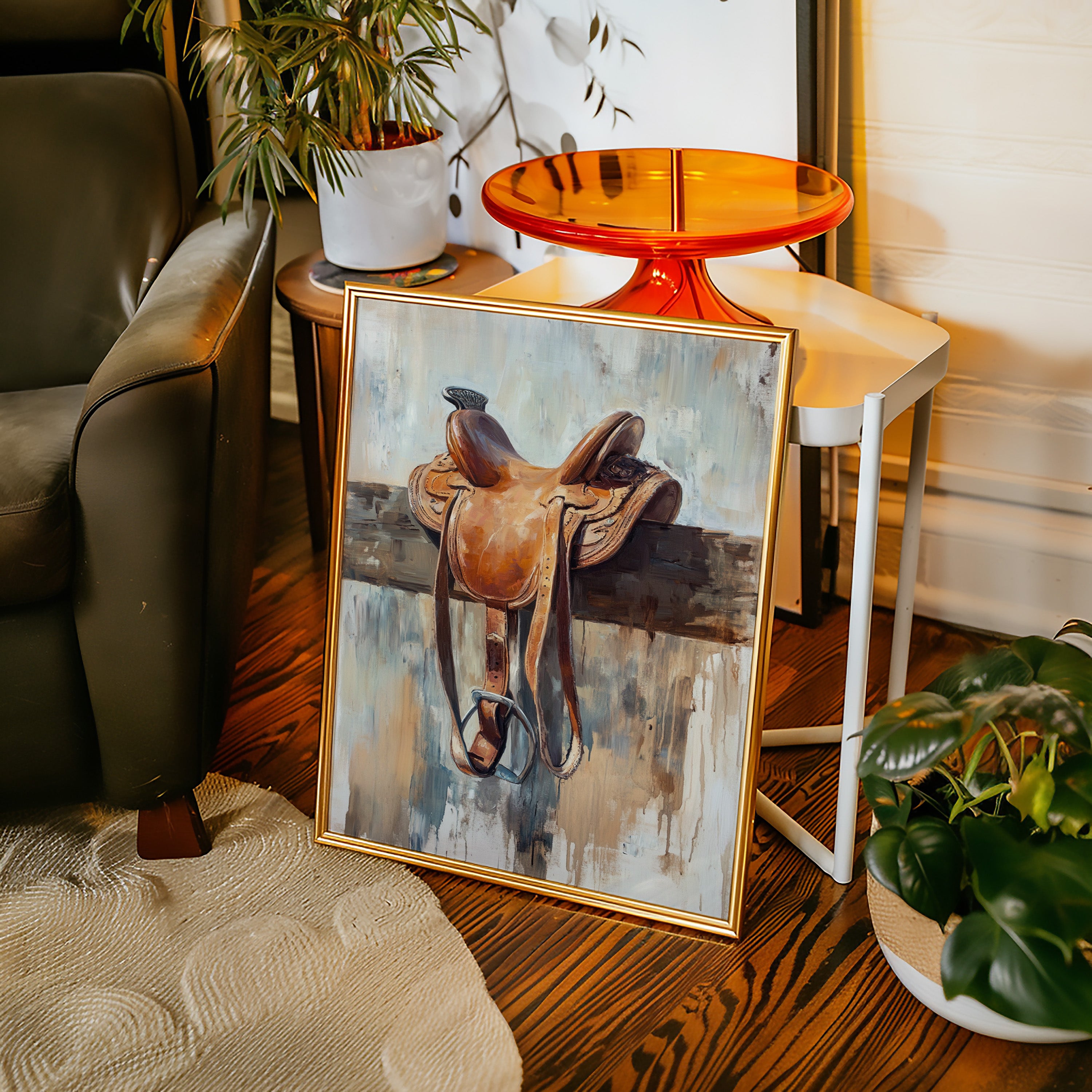 Gallery image 2 for Resting Leather – Western Saddle on Fence Painting