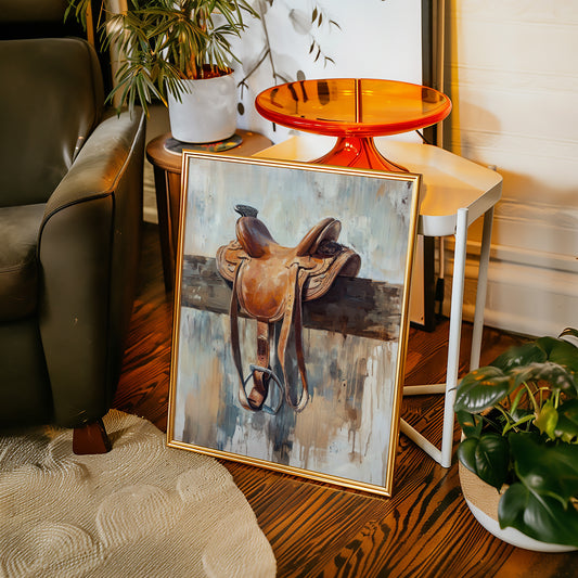 Gallery image 2 for Resting Leather – Western Saddle on Fence Painting