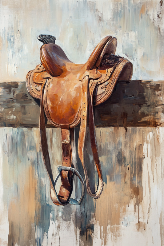 Gallery image 7 for Resting Leather – Western Saddle on Fence Painting