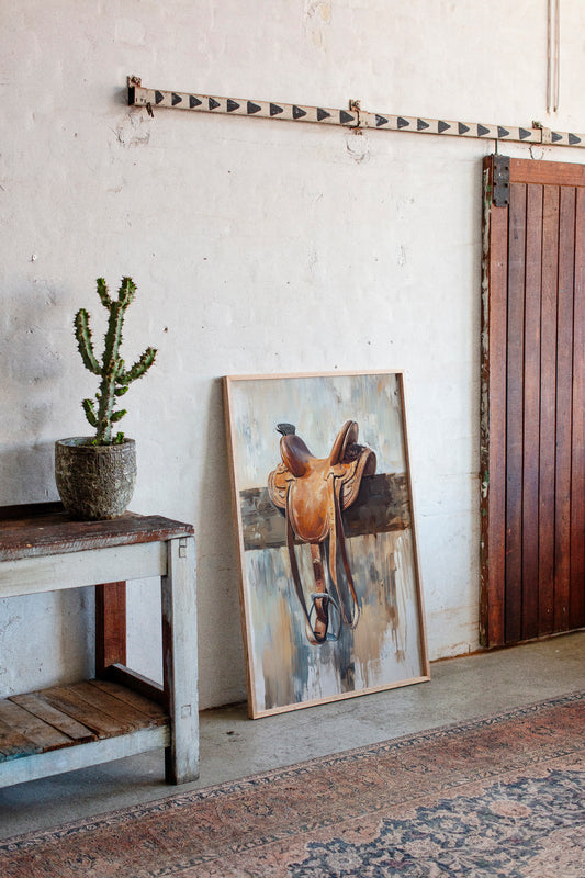 Gallery image 9 for Resting Leather – Western Saddle on Fence Painting